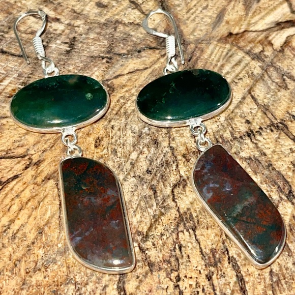 Mocha Stone Green Moss Agate Earrings 2” - Picture 3 of 6